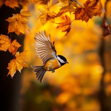 Vliegende vogel in herfstbladeren van Poster Art Shop
