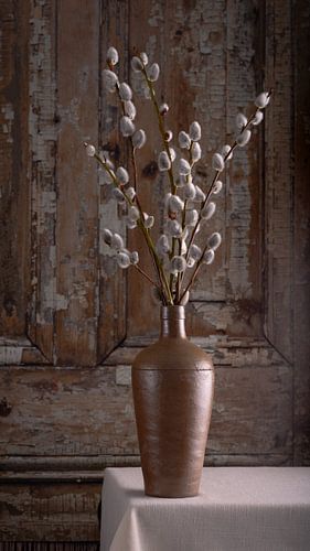 Nature morte, pichet avec quenouilles de saule (Salix) près d'une vieille porte rustique