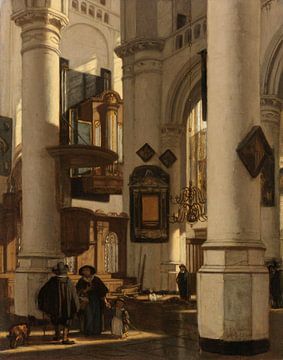 Interieur van een protestantse, gotische kerk, met een grafdelver in het koor, Emanuel de Witte