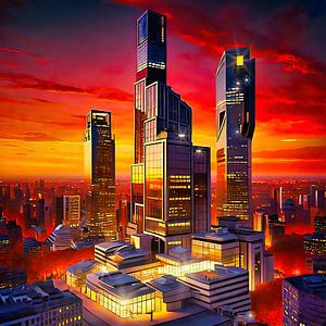 Modern city in evening red