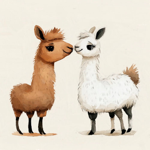 Two llamas'standing together against a white background.
