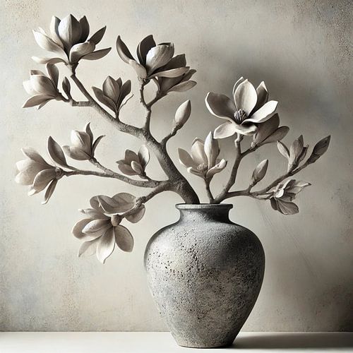Grijze Vaas met Magnolia in Sculpturale Stilte