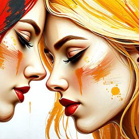 Deux femmes front contre front, les yeux fermés - une ode silencieuse à la tendresse, à la féminité et à la complicité intemporelle de deux amants. sur AidasignArt