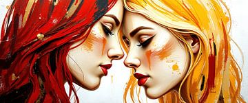 Two women forehead to forehead, eyes closed - a silent ode to tenderness, femininity and the timeless bond between two lovers by AidasignArt