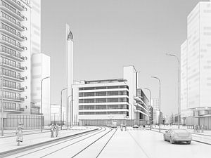 Dudok's Bijenkorf zwart op wit, Rotterdam