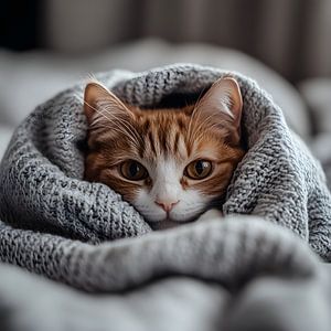 chat roux sous la couverture - photo