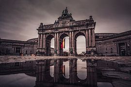 Les arcs de triomphe du Cinquantenaire à Bruxelles se reflètent dans une flaque d'eau