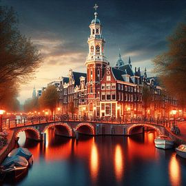 Amsterdam in de avond met de Montelbaanstoren AI van Hendrik-Jan Kornelis