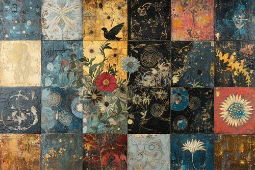 Ouderwetse tegels met een betoverende bloemkunst en vrolijke vogels