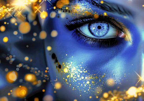 Vrouw in blauw en goud met stralende bokehverlichting
