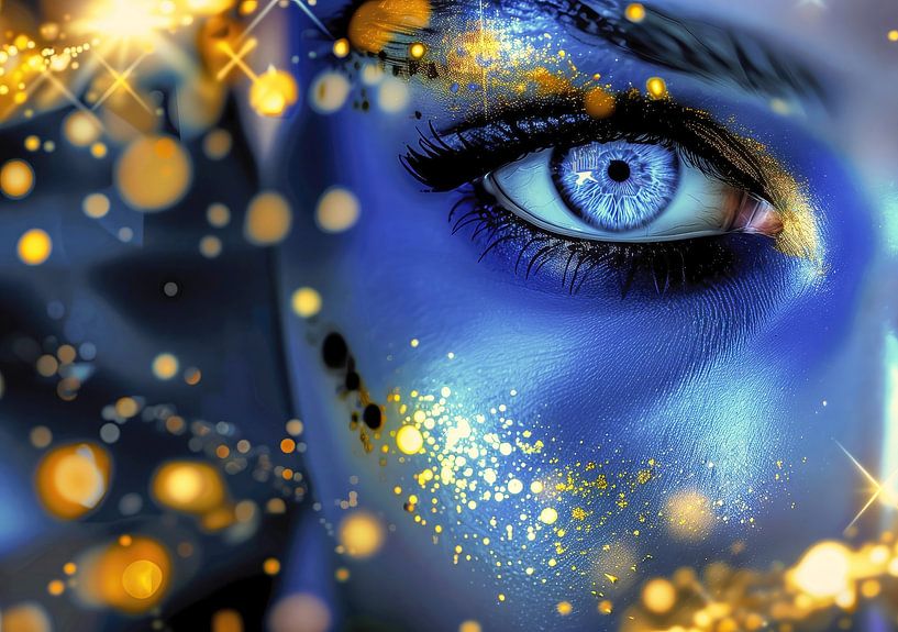 Frau in Blau und Gold mit strahlenden Bokeh-Lichtern von Frank Heinz