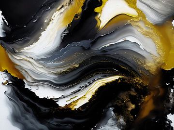 Een abstract schilderij in goud geel en zwart van Retrotimes