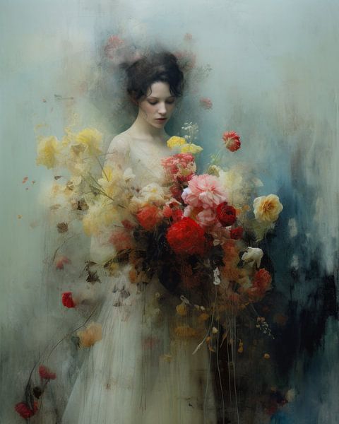 Porträt mit Blumen in Pastellfarben von Carla Van Iersel