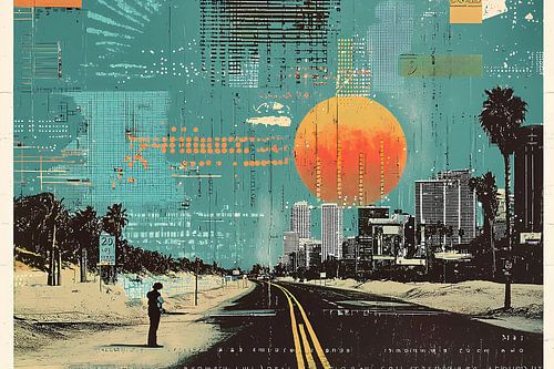 Stijlvolle retro poster met grafische elementen en stippen.