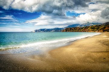 Lonely great sandy beach with mountain range and cloudy nature landscape by Dieter Walther