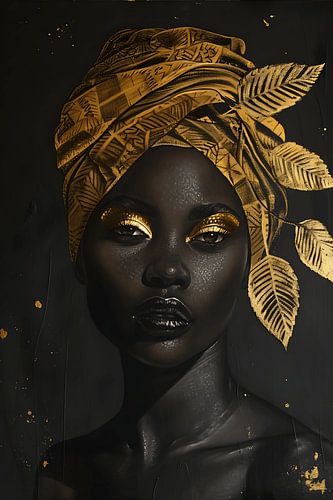 Femme africaine sur fond noir avec maquillage doré