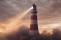 shining lighthouse above the clouds in evening mood