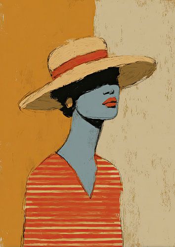 Vrouw in blauw met strohoed en gestreept shirt