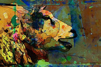 Lijntekening van een schaap met verf op cardboard als achtergrond