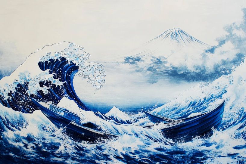 Artful wave with boat and mountain by Poster Art Shop