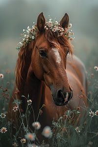 Majestueus paard met bloemenkrans in de wei van Felix Brönnimann