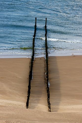 Ein menschenleerer Strand bei Zoutelande mit einer Reihe von Wellenbrechern