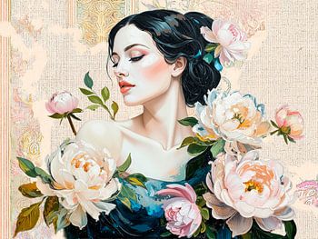 Boho Chic portrait of a woman with peonies in retro style