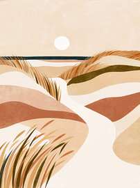 Gentle dunes with a winding path leading to the sea by Lina van Oers