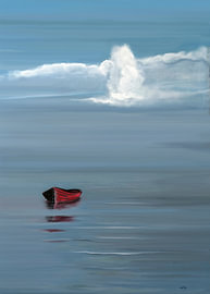 Rotes Boot auf spiegelndem Meer – maritime Malerei von Anette Schnoor