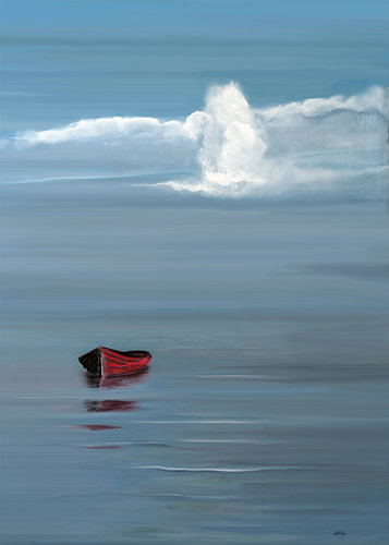 Rotes Boot auf spiegelndem Meer – maritime Malerei