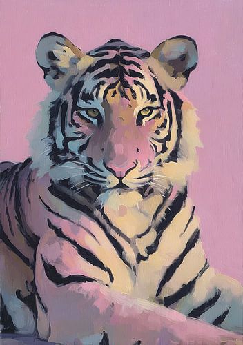 Tiger portrait in front of a pink background