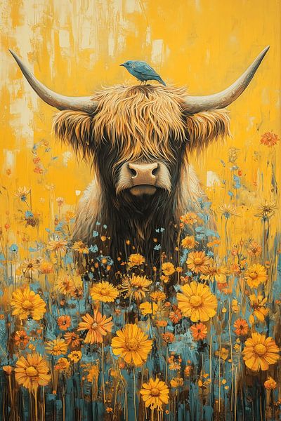 Highlander et oiseau dans un champ de fleurs d'or en joyeuse harmonie par Eva Lee