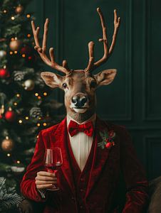 Elegantes Weihnachtsporträt eines stilvollen Rentiers im roten Samtkostüm mit festlicher Atmosphäre