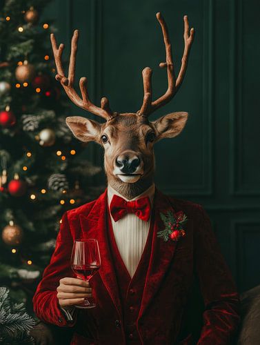 Portrait de Noël élégant d'un renne stylé en costume de velours rouge dans une ambiance festive