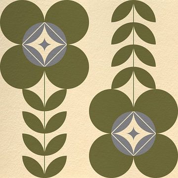 Retro Scandinavian design inspired flowers and leaves in green, off white, grey by Dina Dankers