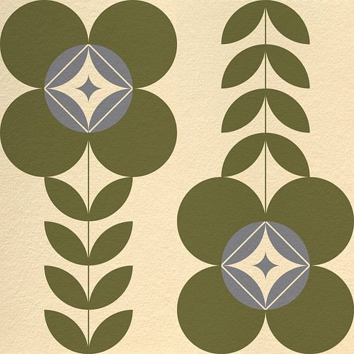 Retro Scandinavisch design geïnspireerd bloemen en bladeren in groen, gebroken wit, grijs