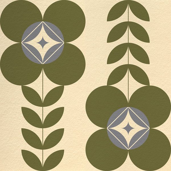 Retro Scandinavisch design geïnspireerd bloemen en bladeren in groen, gebroken wit, grijs van Dina Dankers
