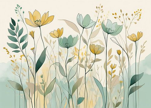 Elegante illustratie van botanische bloemen in pastelkleuren met minimalistische bladeren