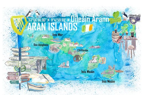 Iles d'Aran Irlande Carte de voyage illustrée avec les points forts touristiques - Signpost Edition