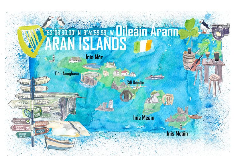 Geïllustreerde reiskaart van de Aran-eilanden in Ierland met toeristische hoogtepunten - editie met  van Markus Bleichner