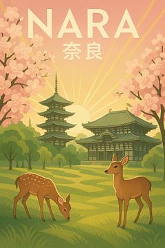 Les temples tranquilles de Nara - Daim sacré &amp ; Pagode Art déco Poster