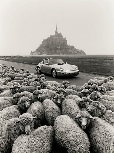Une Porsche 911 Carrera au Mont-Saint-Michel, avec des moutons
