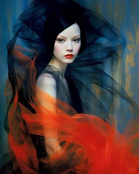Portrait moderne en orange, noir et bleu sur Carla Van Iersel