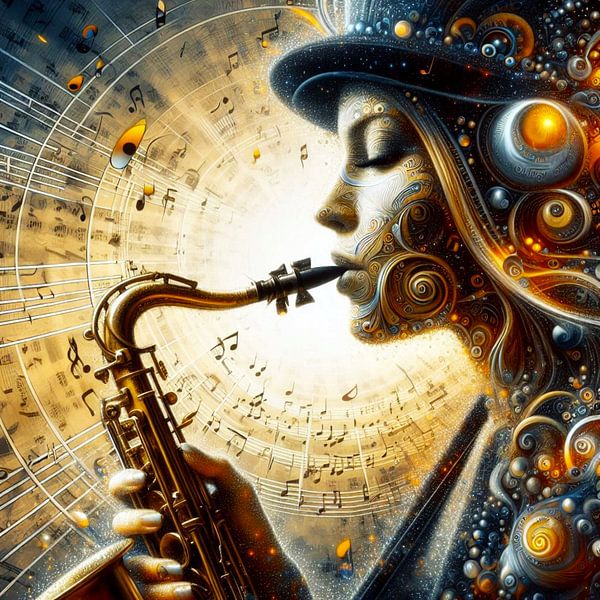 vrouw speelt saxofoon van Bernhard Karssies
