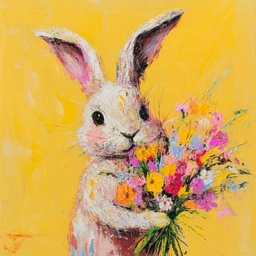 Grappig konijntje met boeket bloemen van Poster Art Shop
