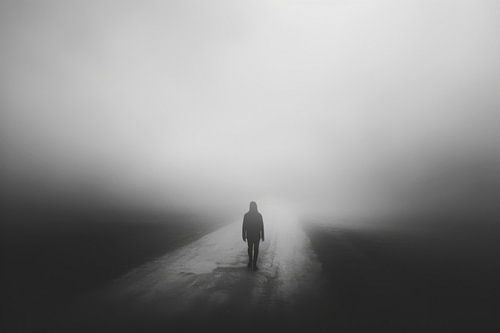 Eenzame wandeling in de mist - Mystieke zwart-wit fotografie