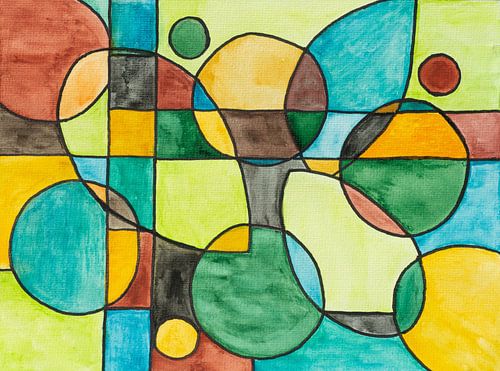 Bunt (abstraktes Aquarell mit Quadraten, Rechtecken, Kreisen und Tropfenformen in fröhlichen Farben)