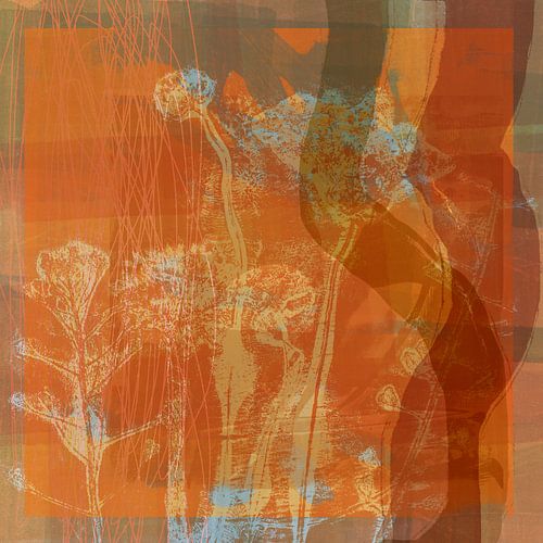 Abstracte botanische kunst. Bloemen in roestbruin en kaki.