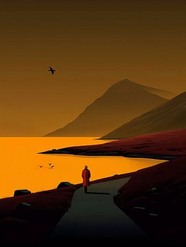 Lonely Walker on a Golden Lake