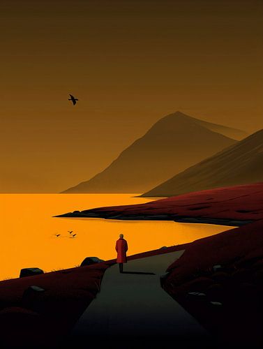 Lonely Walker on a Golden Lake